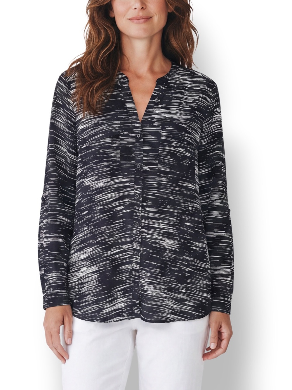 4/$20 Calvin Klein Black White Abstract Print Tunic Blouse Button Front Pocket
